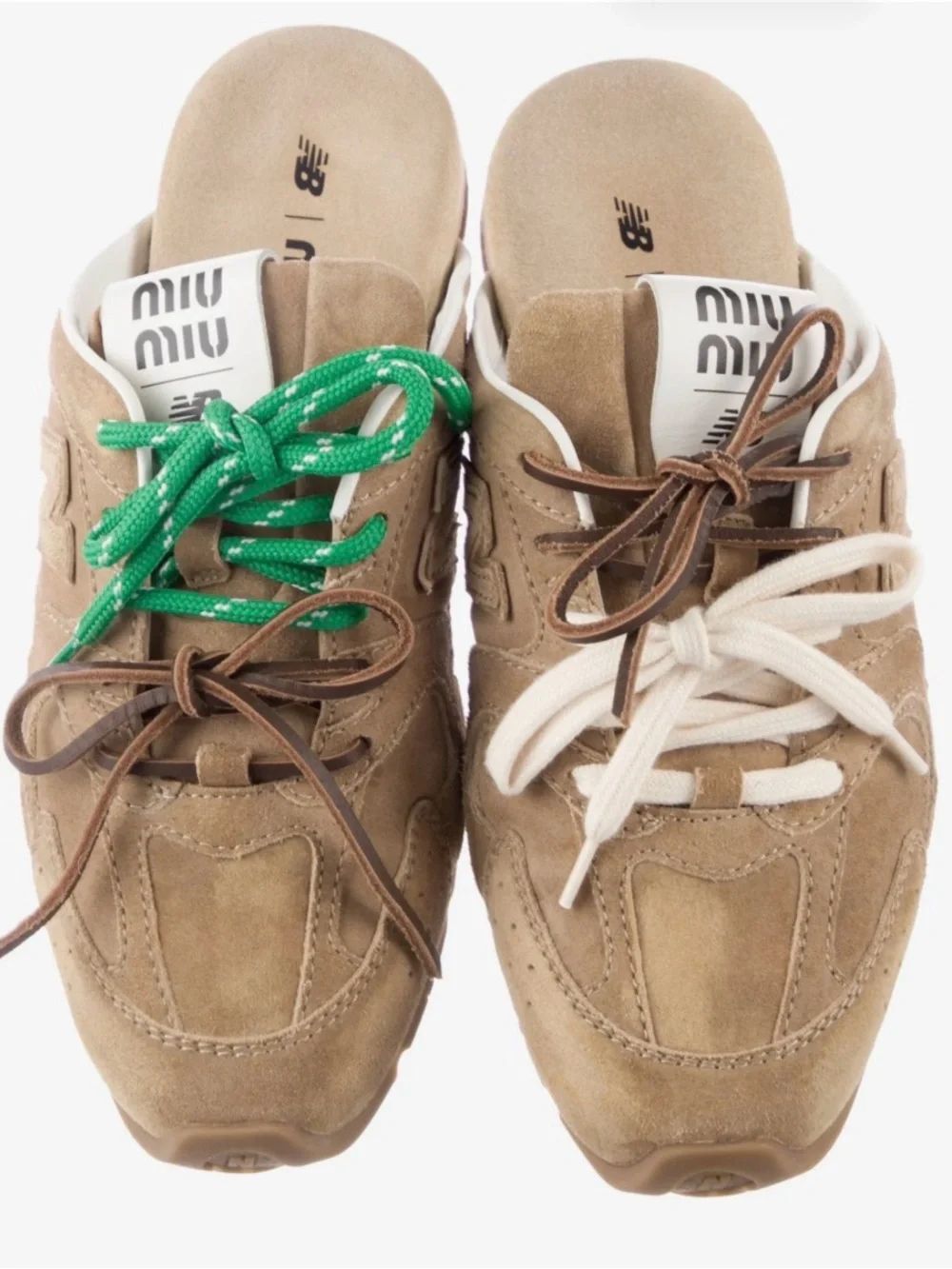 Miu Miu Taupe Suede Slip-On Sneaker Mule with Multi-Colored Laces size 41